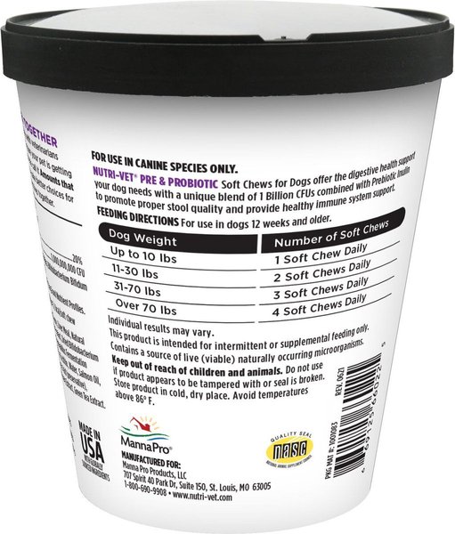 Show full view: Nutri-Vet Pre & Probiotics Soft Chews Digestive Supplement for Dogs, 120 count slide 8 of 10