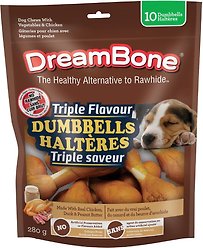 DreamBone Triple Flavour Dumbbells Chicken, Duck & Peanut Butter Flavor Dog Treats, 10 count