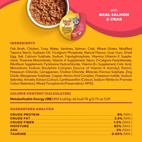 Show full view: Meow Mix Tenders In Sauce Real Salmon & Crab Wet Cat Food, 78-g can, case of 12 slide 6 of 7