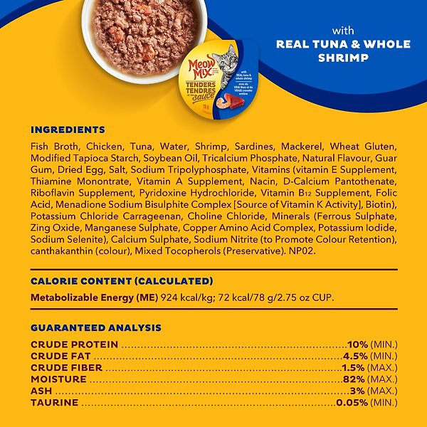 Show full view: Meow Mix Tenders In Sauce Real Tuna & Shrimp Wet Cat Food, 78-g can, case of 12 slide 6 of 7