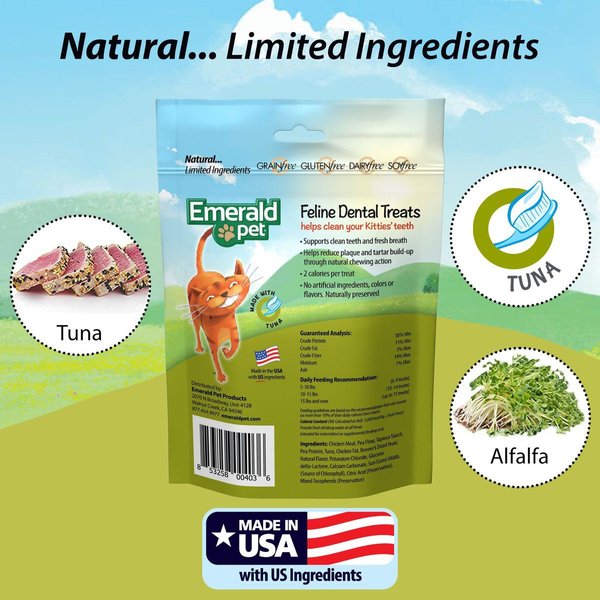 Show full view: Emerald Pet Feline Dental Tuna Grain-Free Cat Treats, 3-oz bag slide 5 of 8