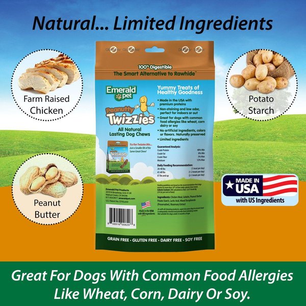 Show full view: Emerald Pet Peanutty Twizzies Grain-Free Dog Treats, 9-in, 6 count slide 6 of 8