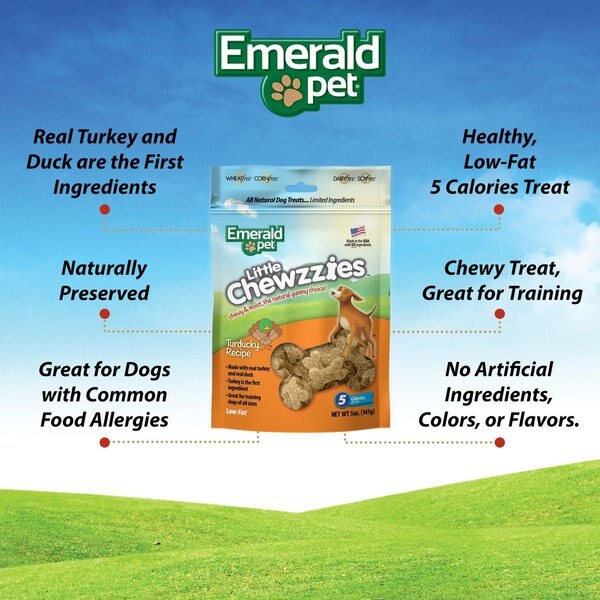 Show full view: Emerald Pet Little Chewzzies Turducky Recipe Chicken-Free Dog Treats, 5-oz bag slide 4 of 8