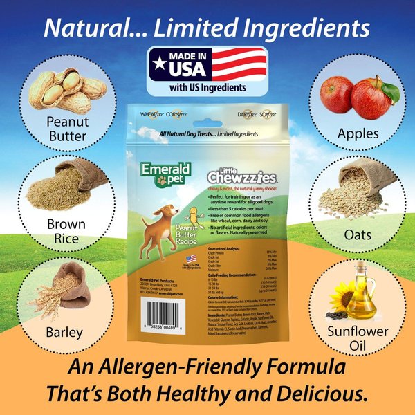 Show full view: Emerald Pet Little Chewzzies Turducky Recipe Chicken-Free Dog Treats, 5-oz bag slide 6 of 8