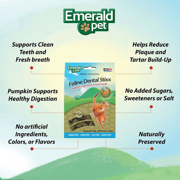 Show full view: Emerald Pet Feline Dental Stixx with Tuna & Pumpkin Grain-Free Dental Cat Treats, 3.6-oz bag slide 3 of 8