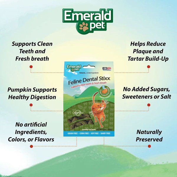 Show full view: Emerald Pet Feline Dental Stixx Catnip Flavor with Pumpkin Grain-Free Dental Cat Treats, 3.6-oz bag slide 3 of 8