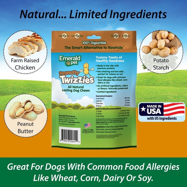 Show full view: Emerald Pet Peanutty Twizzies Grain-Free Dog Treats, 6-in, 6 count slide 6 of 9