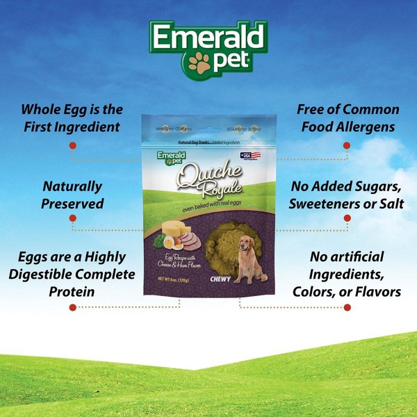 Show full view: Emerald Pet Quiche Royale Egg Recipe with Cheese & Ham Chewy Dog Treats, 6-oz bag slide 3 of 7