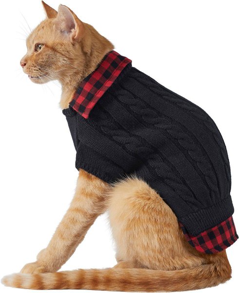 Show full view: Frisco Plaid Cable Knit Dog & Cat Sweater, Red Plaid, X-Small slide 3 of 7