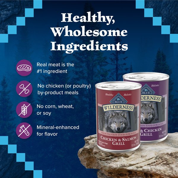 Show full view: Blue Buffalo Wilderness Adult High Protein Grain-Free Beef, Chicken & Salmon, & Chicken Variety Food Wet Dog Food, 12.5-oz can, case of 6 slide 5 of 10
