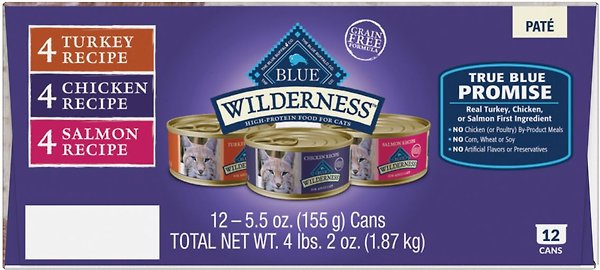 Show full view: Blue Buffalo Wilderness Adult Chicken, Salmon & Turkey Variety Pack Wet Cat Food, 5.5-oz can, case of 12 slide 4 of 7