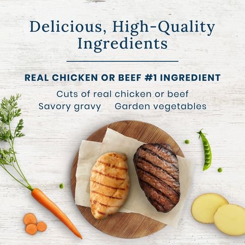 Show full view: Blue Buffalo Tempting Toppers Grain-Free Natural Chicken Dinner & Beef Recipe Variety Pack Wet Dog Food Topper, 3-oz pouch, case of 12 slide 3 of 5