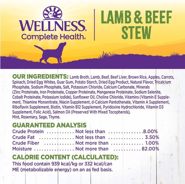Show full view: Wellness Thick & Chunky Lamb & Beef Stew with Brown Rice & Apples Canned Dog Food, 354-g can, case of 12 slide 7 of 9