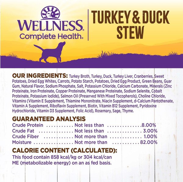 Show full view: Wellness Thick & Chunky Turkey & Duck Stew with Sweet Potatoes & Cranberries Canned Dog Food, 354-g can, case of 12 slide 7 of 9