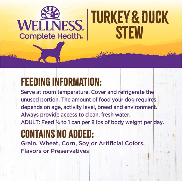 Show full view: Wellness Thick & Chunky Turkey & Duck Stew with Sweet Potatoes & Cranberries Canned Dog Food, 354-g can, case of 12 slide 8 of 9