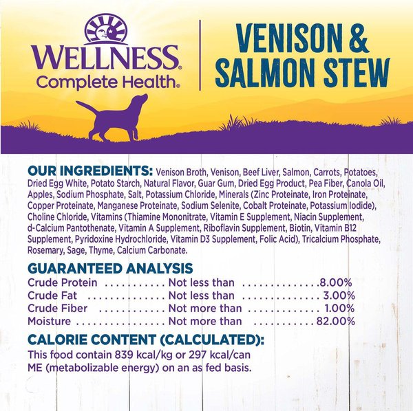 Show full view: Wellness Venison & Salmon Stew with Potatoes & Carrots Canned Dog Food, 354-g can, case of 12 slide 7 of 9