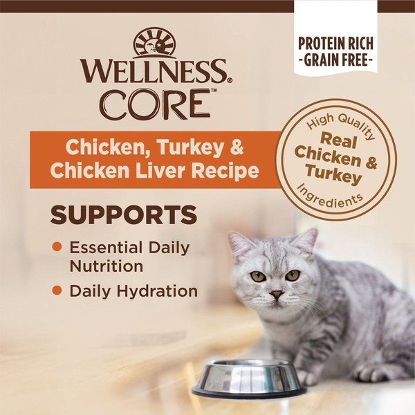 Show full view: Wellness CORE Grain-Free Chicken, Turkey & Chicken Liver Formula Canned Cat Food, 85-g can, case of 12 slide 3 of 10