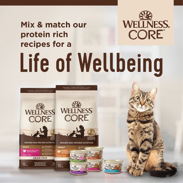 Show full view: Wellness CORE Grain-Free Chicken, Turkey & Chicken Liver Formula Canned Cat Food, 85-g can, case of 12 slide 8 of 10