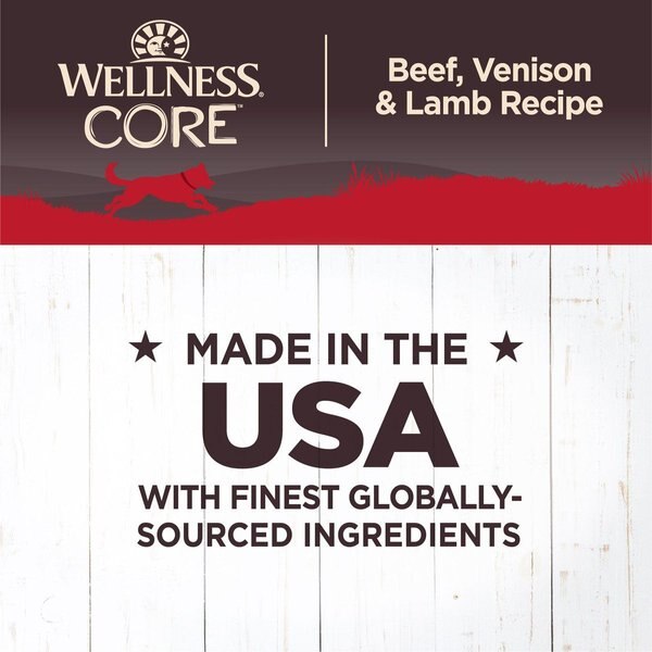 Show full view: Wellness CORE Grain-Free Beef, Venison & Lamb Formula Canned Dog Food, 354-g can, case of 12 slide 4 of 8
