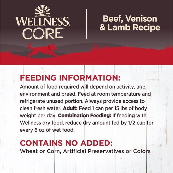 Show full view: Wellness CORE Grain-Free Beef, Venison & Lamb Formula Canned Dog Food, 354-g can, case of 12 slide 7 of 8