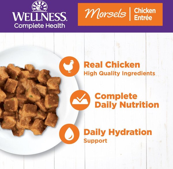 Show full view: Wellness Complete Health Morsels Chicken Entree Grain-Free Canned Cat Food, 156-g can, case of 24 slide 3 of 10
