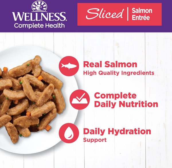 Show full view: Wellness Complete Health Sliced Salmon Entree Grain-Free Canned Cat Food, 156-g can, case of 24 slide 3 of 10