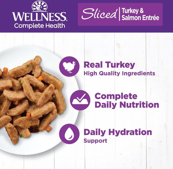 Show full view: Wellness Complete Health Sliced Turkey & Salmon Dinner Grain-Free Canned Cat Food, 156-g can, case of 24 slide 3 of 10