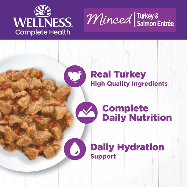 Show full view: Wellness Complete Health Minced Turkey & Salmon Entree Grain-Free Canned Cat Food, 156-g can, case of 24 slide 3 of 10