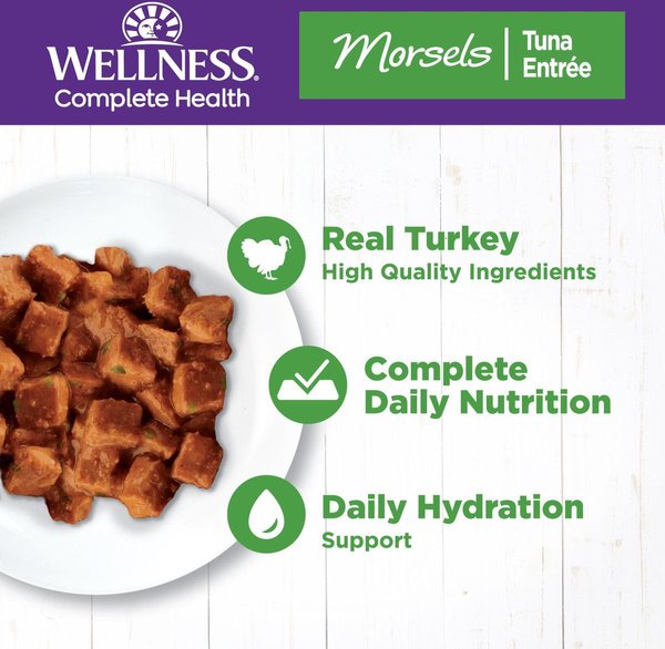 Show full view: Wellness Complete Health Morsels Turkey Dinner Cubes in Rich Gravy Grain-Free Canned Cat Food, 156-g can, case of 24 slide 3 of 10