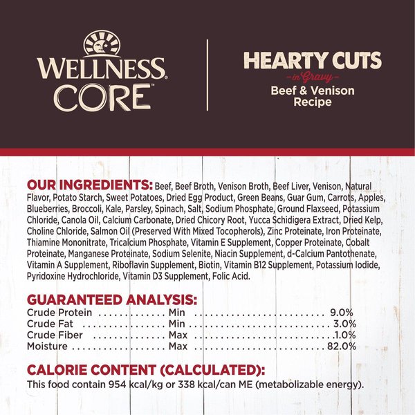 Show full view: Wellness CORE Grain-Free Hearty Cuts in Gravy Beef & Venison Recipe Canned Dog Food, 354-g can, case of 12 slide 6 of 8
