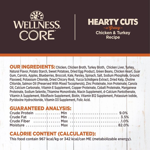Show full view: Wellness CORE Hearty Cuts in Gravy Chicken & Turkey Recipe Grain-Free Canned Dog Food, 354-g can, case of 12 slide 6 of 7