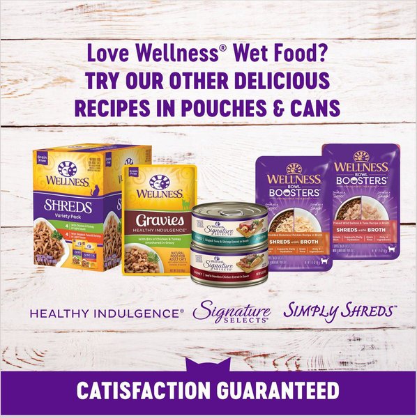 Show full view: Wellness Complete Health Natural Grain-Free Gravies Chicken & Tuna Dinner Canned Cat Food, 85-g can, case of 12 slide 5 of 10