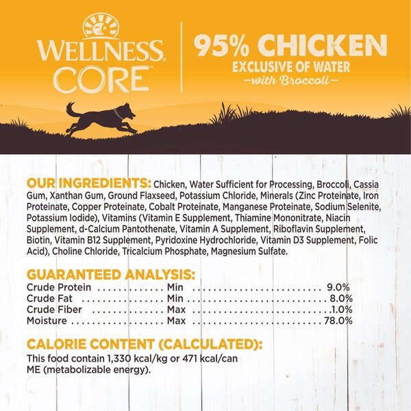 Show full view: Wellness CORE 95% Grain-Free Chicken & Broccoli Canned Dog Food, 354-g can, case of 12 slide 6 of 8