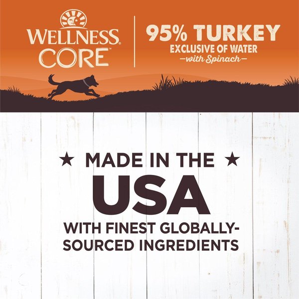 Show full view: Wellness CORE 95% Grain-Free Turkey & Spinach Canned Dog Food, 354-g can, case of 12 slide 4 of 7