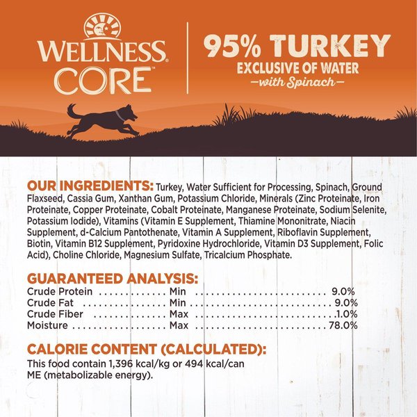Show full view: Wellness CORE 95% Grain-Free Turkey & Spinach Canned Dog Food, 354-g can, case of 12 slide 6 of 7