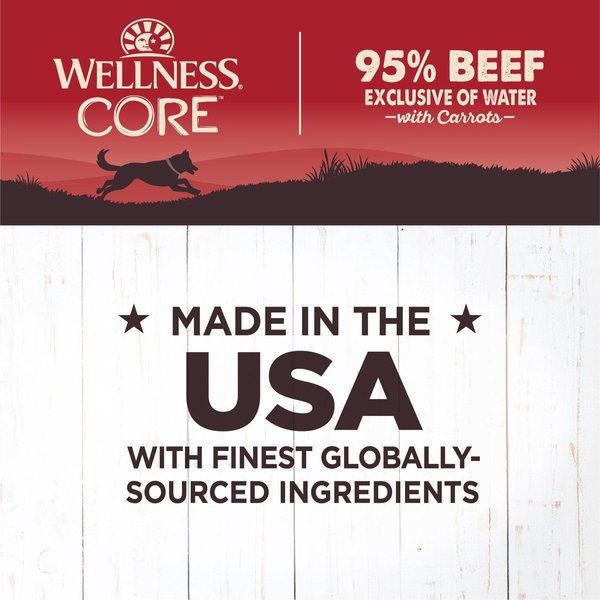 Show full view: Wellness CORE 95% Grain-Free Beef & Carrots Canned Dog Food, 354-g can, case of 12 slide 4 of 7