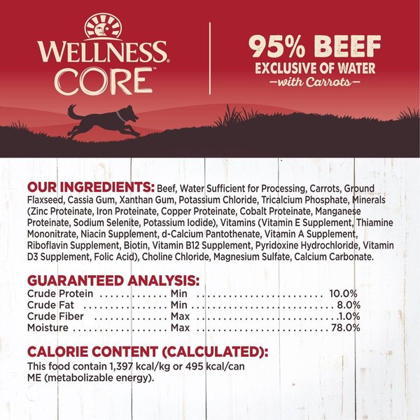 Show full view: Wellness CORE 95% Grain-Free Beef & Carrots Canned Dog Food, 354-g can, case of 12 slide 6 of 7