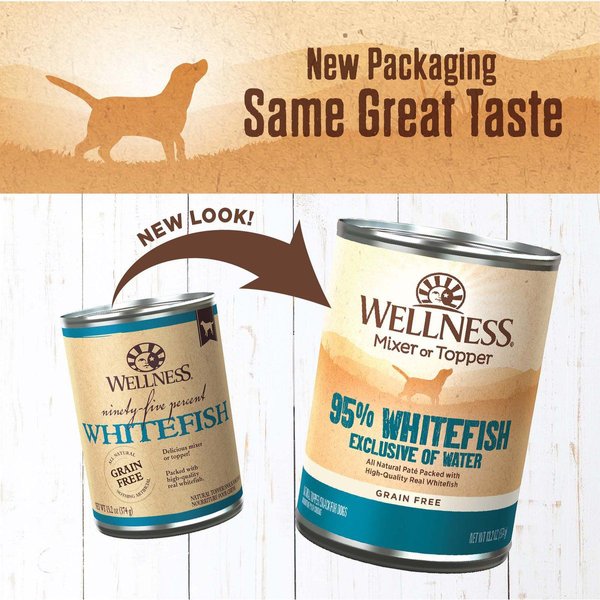 Show full view: Wellness 95% Whitefish Natural Grain-Free Wet Dog Food Topper, 374-g can, case of 12 slide 3 of 7