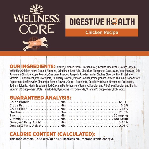 Show full view: Wellness CORE Digestive Health Chicken Recipe Grain-Free Wet Dog Food, 369-g can, case of 12 slide 6 of 8