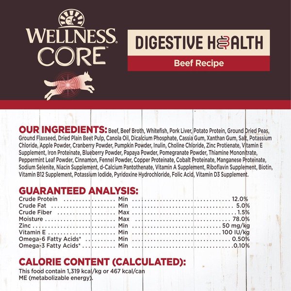 Show full view: Wellness CORE Digestive Health Beef Recipe Grain-Free Wet Dog Food, 369-g can, case of 12 slide 6 of 10