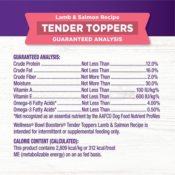 Show full view: Wellness Bowl Boosters Tender Toppers Grain-Free Lamb & Salmon Dog Food Topper, 227-g bag slide 8 of 9