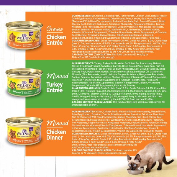 Show full view: Wellness Complete Health Chicken & Turkey Lovers Gravies & Minced Variety Pack Grain-Free Wet Cat Food, 85-g can, case of 12 slide 9 of 10