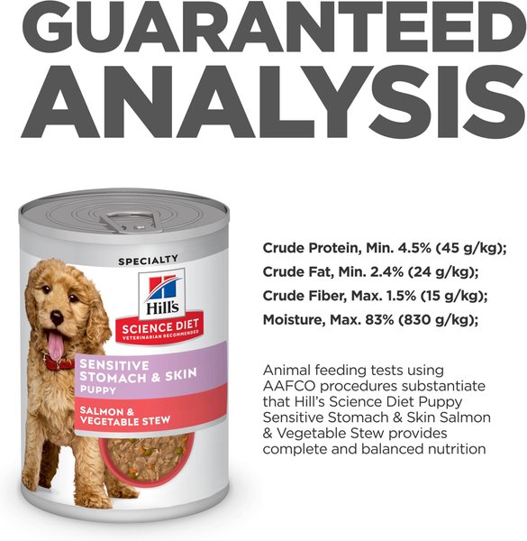 Show full view: Hill's Science Diet Puppy Sensitive Stomach & Sensitive Skin Salmon & Vegetable Stew Canned Dog Food, 12.5-oz can, case of 12 slide 9 of 10