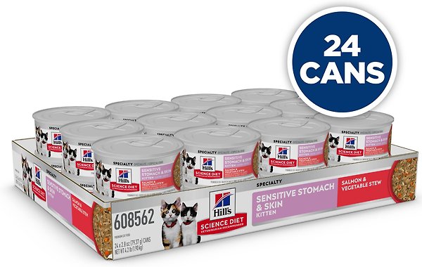 Show full view: Hill's Science Diet Kitten Sensitive Stomach & Sensitive Skin Salmon & Vegetable Stew Canned Cat Food, 2.8-oz can, case of 24 slide 3 of 10
