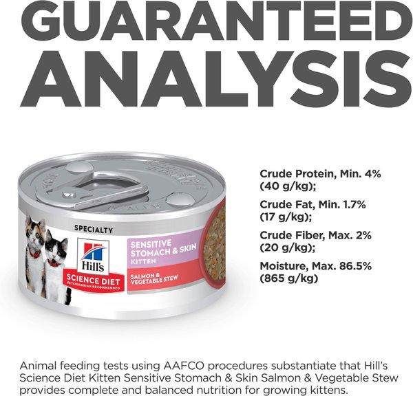 Show full view: Hill's Science Diet Kitten Sensitive Stomach & Sensitive Skin Salmon & Vegetable Stew Canned Cat Food, 2.8-oz can, case of 24 slide 9 of 10