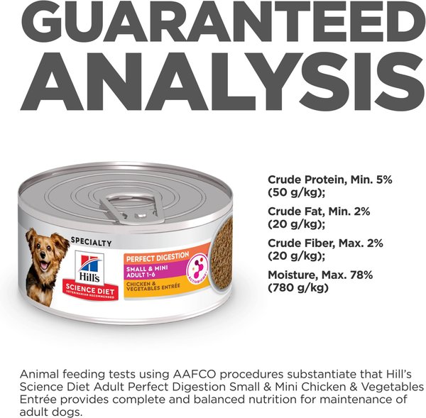 Show full view: Hill's Science Diet Adult Perfect Digestion Small & Mini Chicken & Vegetables Entree Canned Dog Food, 5.8-oz can, case of 24 slide 9 of 10