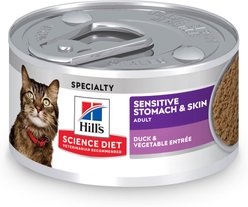Hill's Science Diet Adult Sensitive Stomach & Sensitive Skin Duck & Vegetable Entree Canned Cat Food, 82-g can, case of 24