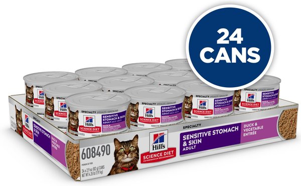 Show full view: Hill's Science Diet Adult Sensitive Stomach & Sensitive Skin Duck & Vegetable Entree Canned Cat Food, 82-g can, case of 24 slide 3 of 10