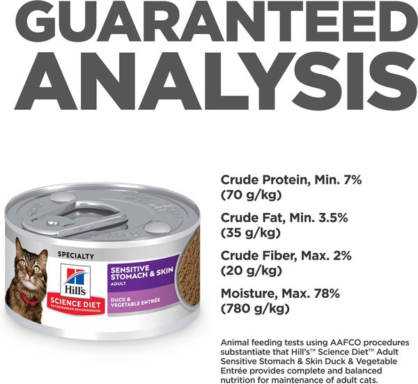 Show full view: Hill's Science Diet Adult Sensitive Stomach & Sensitive Skin Duck & Vegetable Entree Canned Cat Food, 82-g can, case of 24 slide 8 of 10