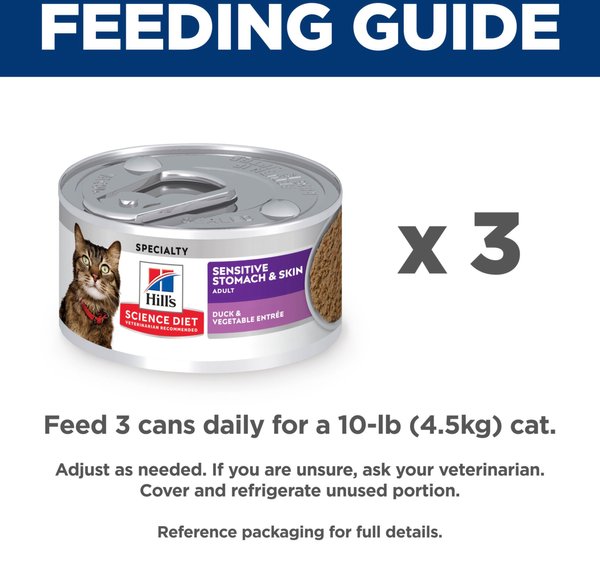 Show full view: Hill's Science Diet Adult Sensitive Stomach & Sensitive Skin Duck & Vegetable Entree Canned Cat Food, 82-g can, case of 24 slide 9 of 10